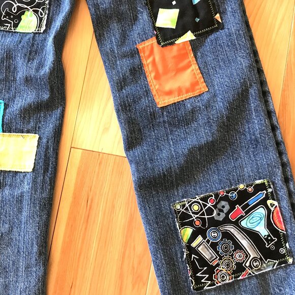 Boy’s Upcycled Patch Jeans, Size 10: Handmade Colorful Science Theme Patchwork - Picture 6 of 11